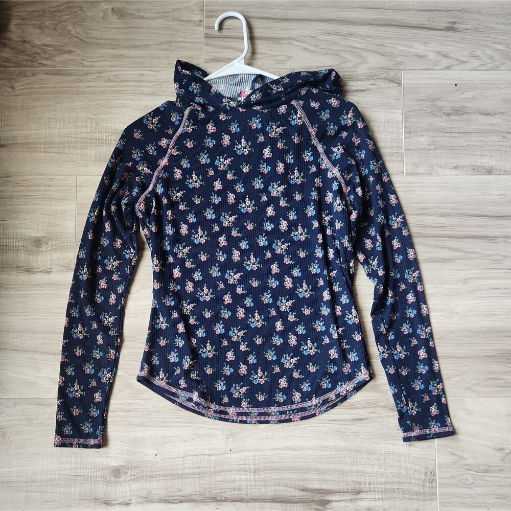 DISCREET Girls Floral Long Sleeve Top Navy Pink Knit Crew Neck Casual